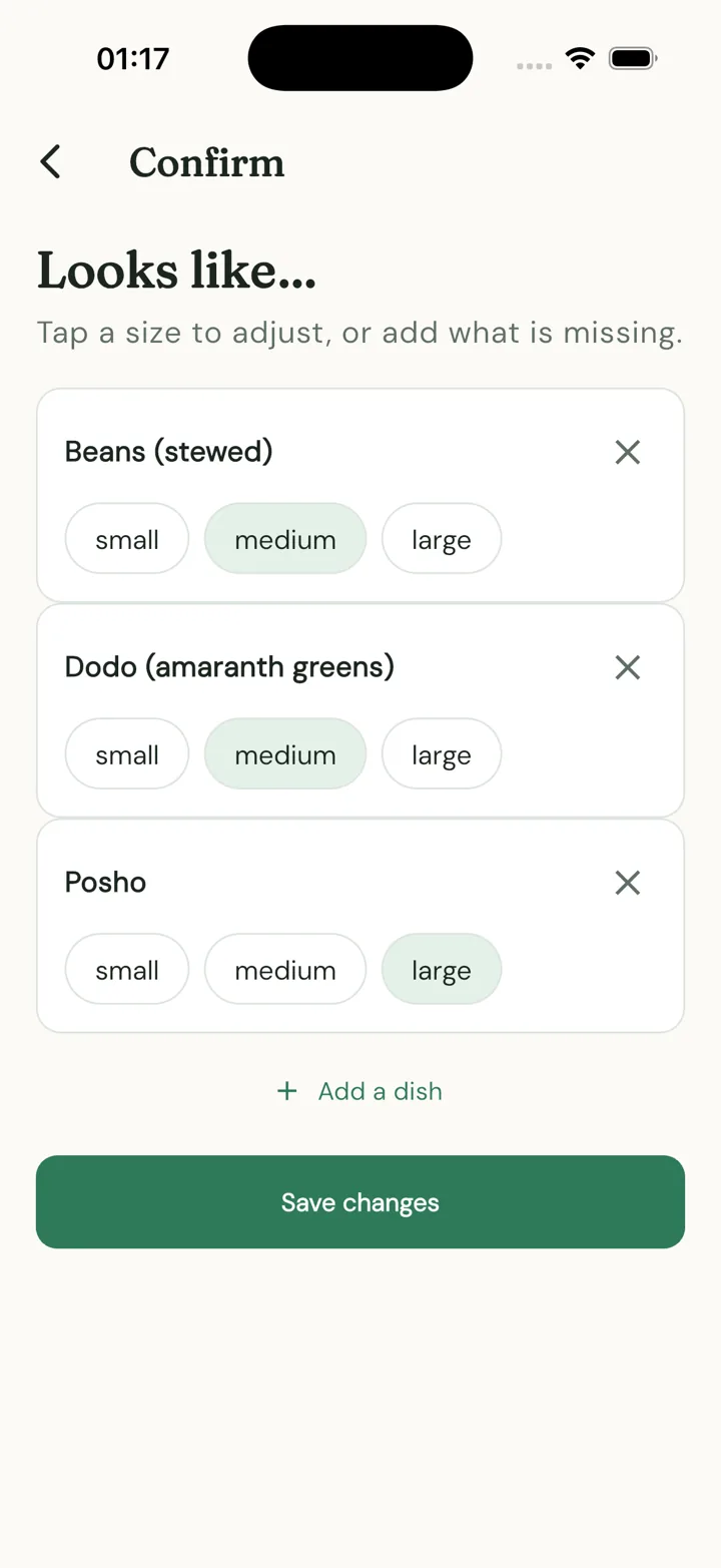 Wholeful app: Confirm screen listing Beans (stewed), Dodo and Posho with small, medium and large portion sizes