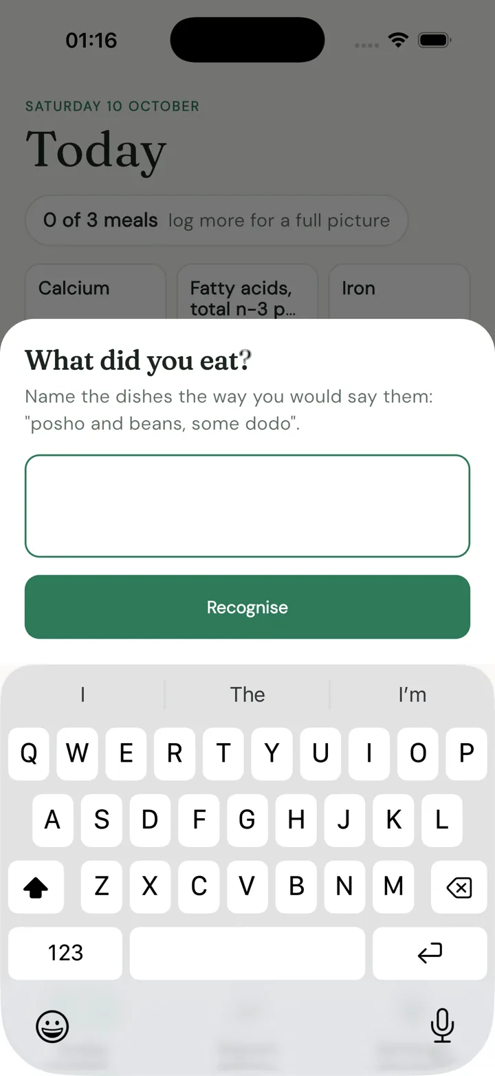 Wholeful app: typing 'posho and beans, some dodo' into the What did you eat sheet