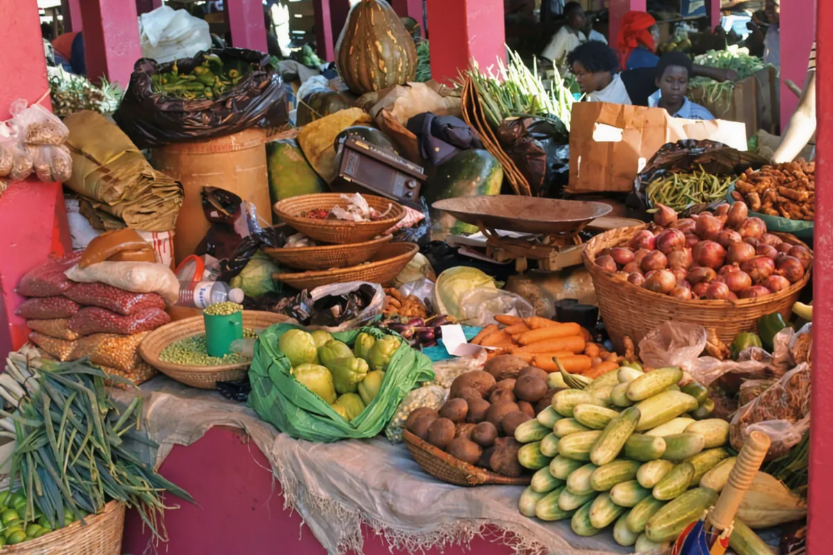 A Kampala market stall piled with greens, beans, tomatoes, onions and green bananas
