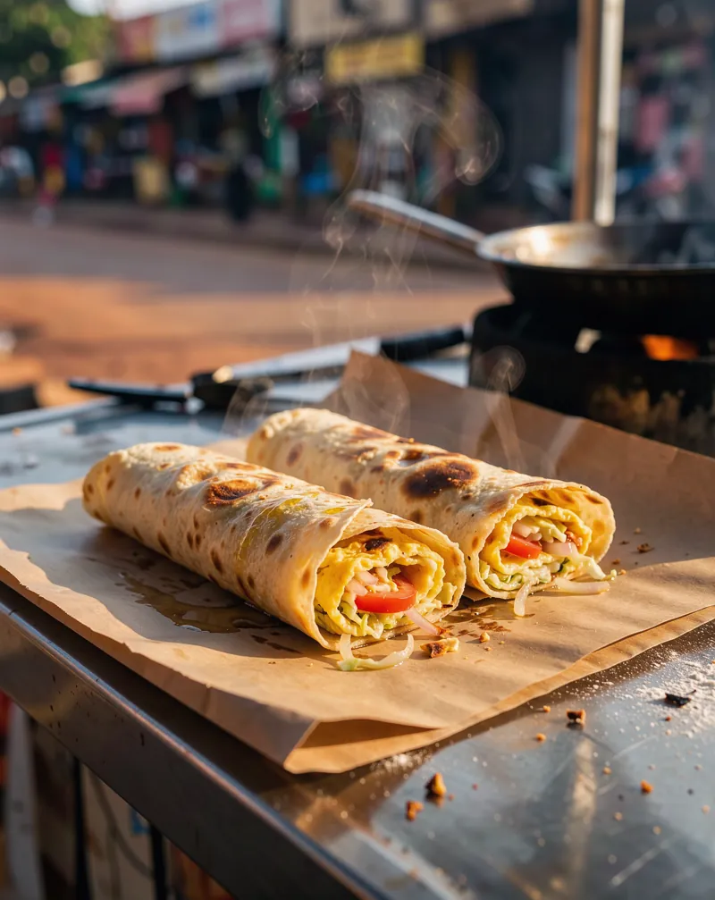 A freshly rolled rolex — chapati around an omelette — on brown paper at a Kampala street stall
